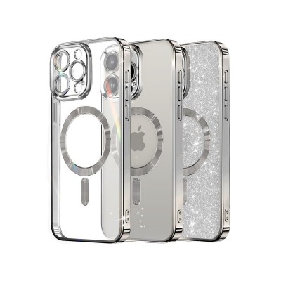 Husa iPhone 14 Pro Max, Crystal Glitter MagSafe cu Protectie La Camere, Silver
